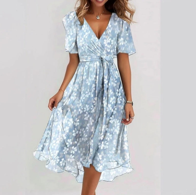 Chiffon Printed Short Sleeve Dress Summer Elegant V-Neck Dresses Womens Clothing