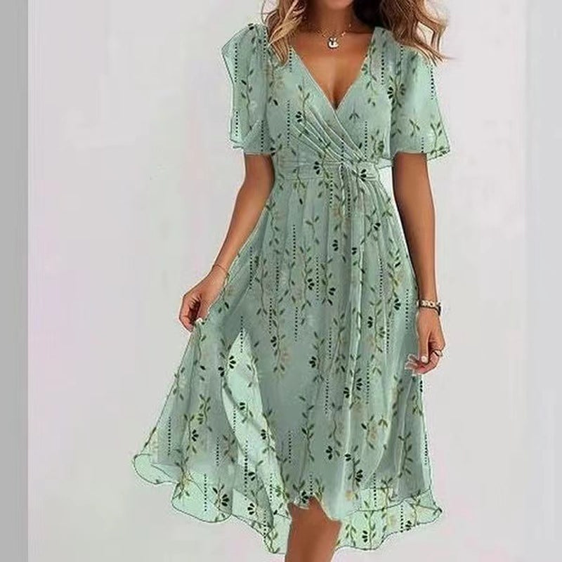 Chiffon Printed Short Sleeve Dress Summer Elegant V-Neck Dresses Womens Clothing