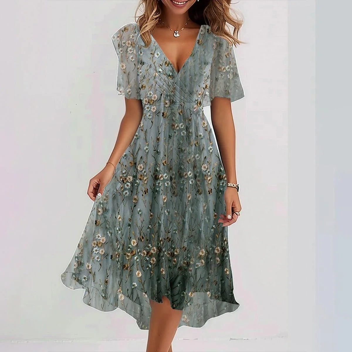 Chiffon Printed Short Sleeve Dress Summer Elegant V-Neck Dresses Womens Clothing