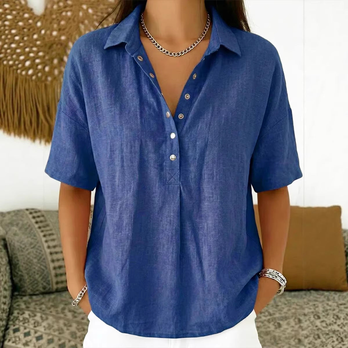 Summer Short-Sleeved Shirt Button Pullover Top Fashion Casual Women'S Clothing