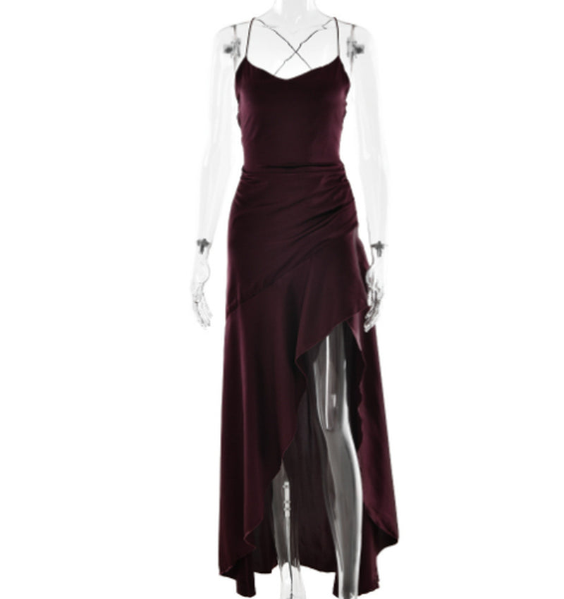 Women'S Backless Ruffles Irregular Dress Summer Fashion Evening Party Club Split Suspender Maxi Dresses Clothing