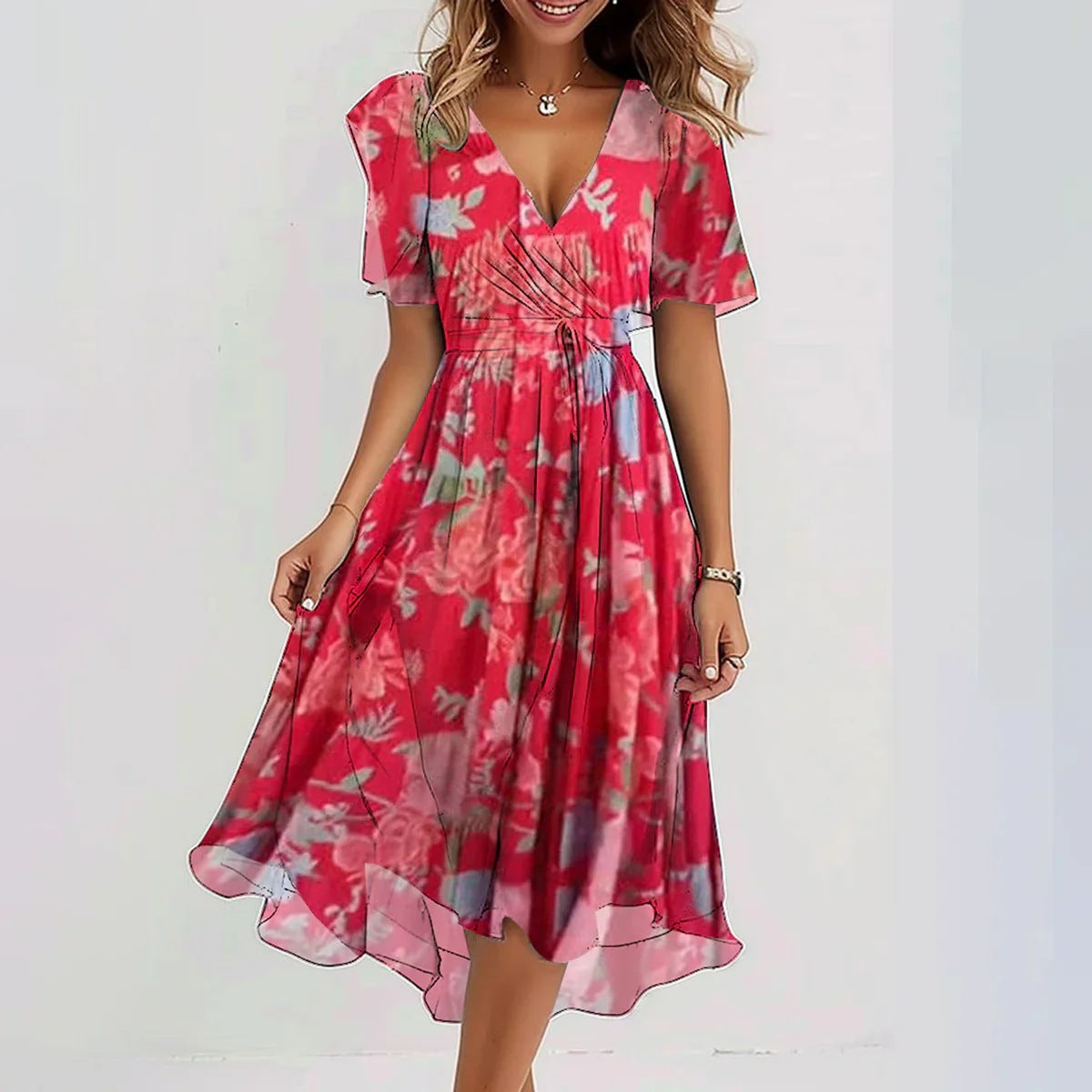 Chiffon Printed Short Sleeve Dress Summer Elegant V-Neck Dresses Womens Clothing