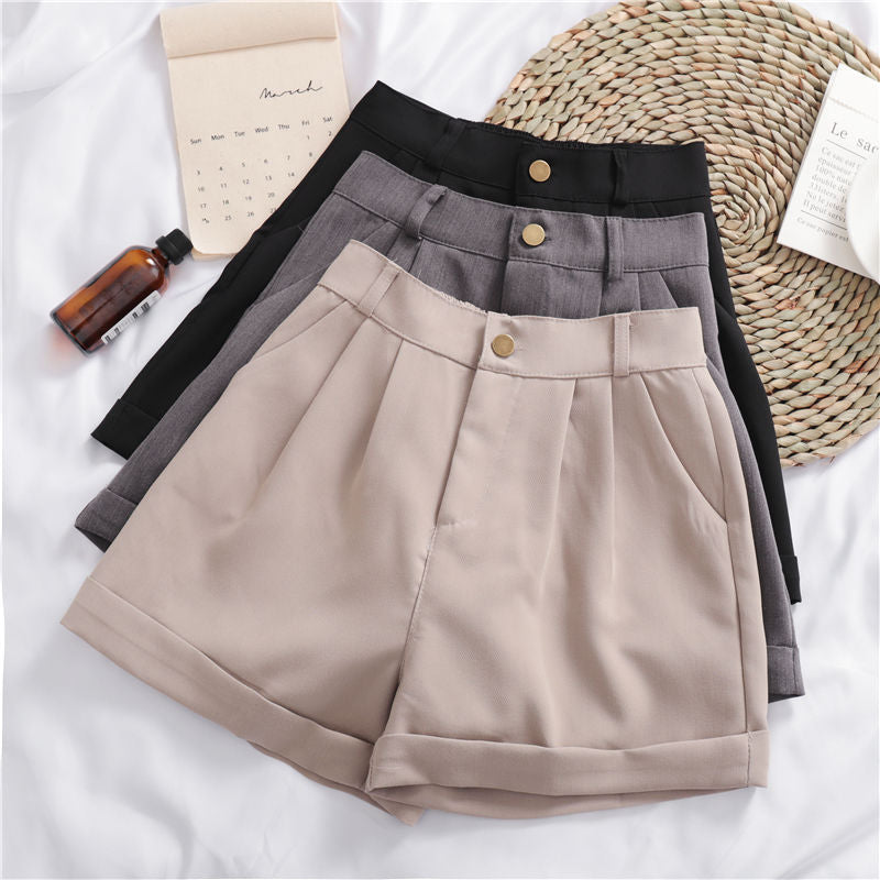Solid Color All-Match Roll-Up Wide-Leg Casual Shorts