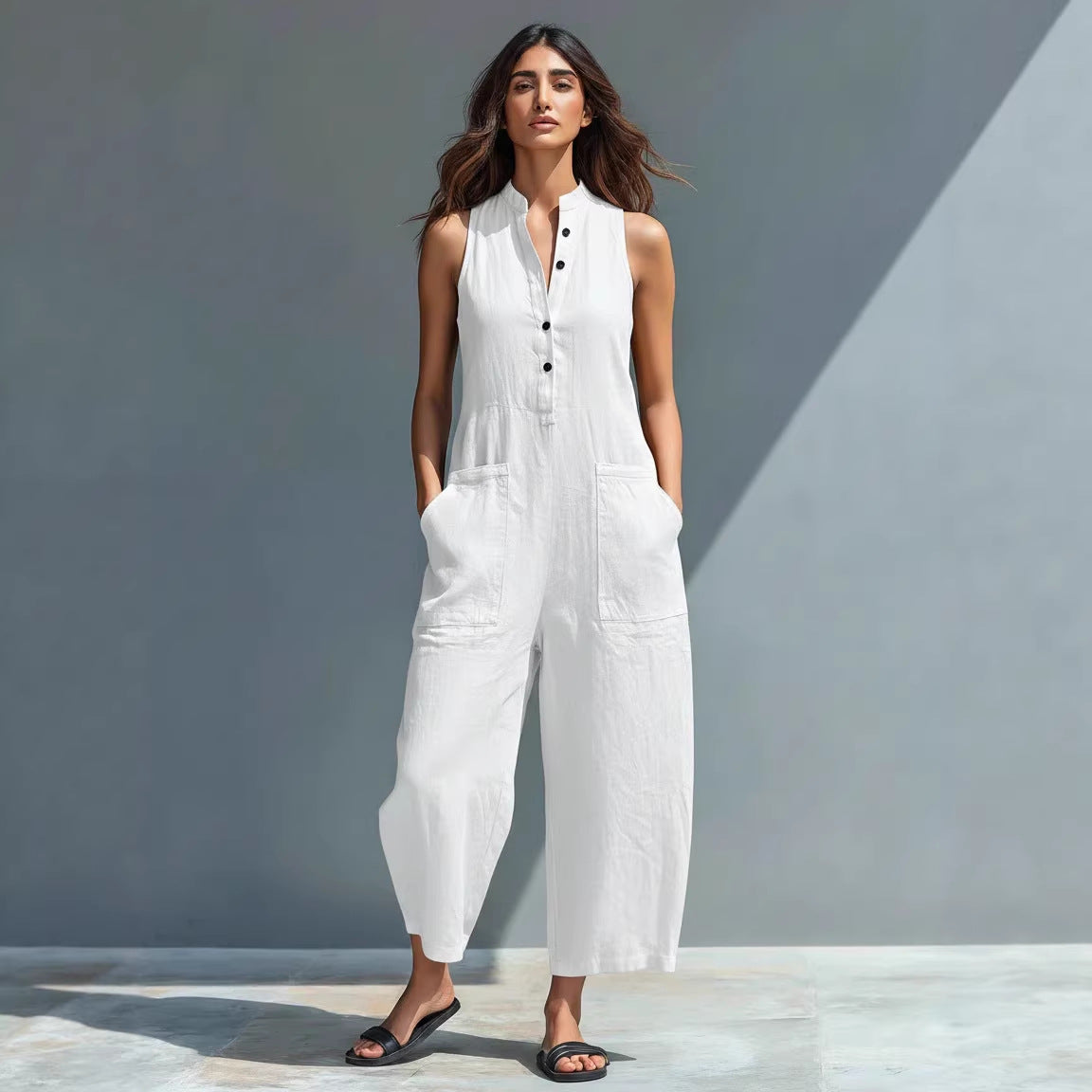 sleeveless wide-leg jumpsuit with Pockets Fashion Casual V-Neck Buttons Trousers Women'S Overall Pants