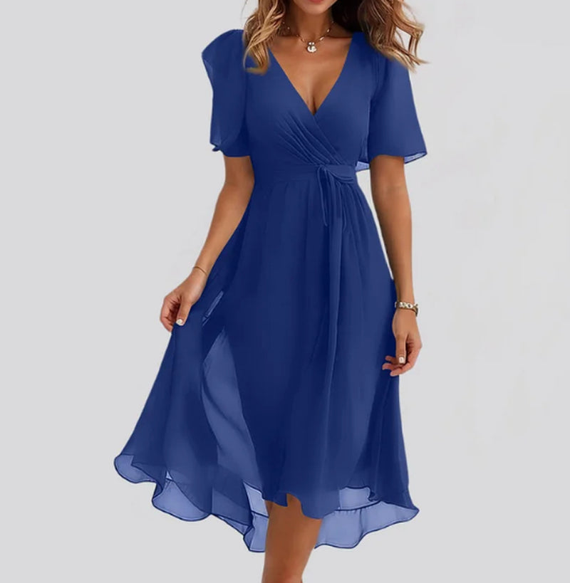 Chiffon Printed Short Sleeve Dress Summer Elegant V-Neck Dresses Womens Clothing