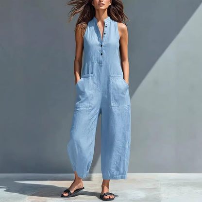 sleeveless wide-leg jumpsuit with Pockets Fashion Casual V-Neck Buttons Trousers Women'S Overall Pants