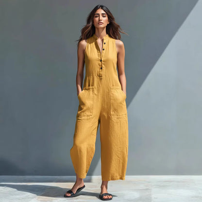 sleeveless wide-leg jumpsuit with Pockets Fashion Casual V-Neck Buttons Trousers Women'S Overall Pants