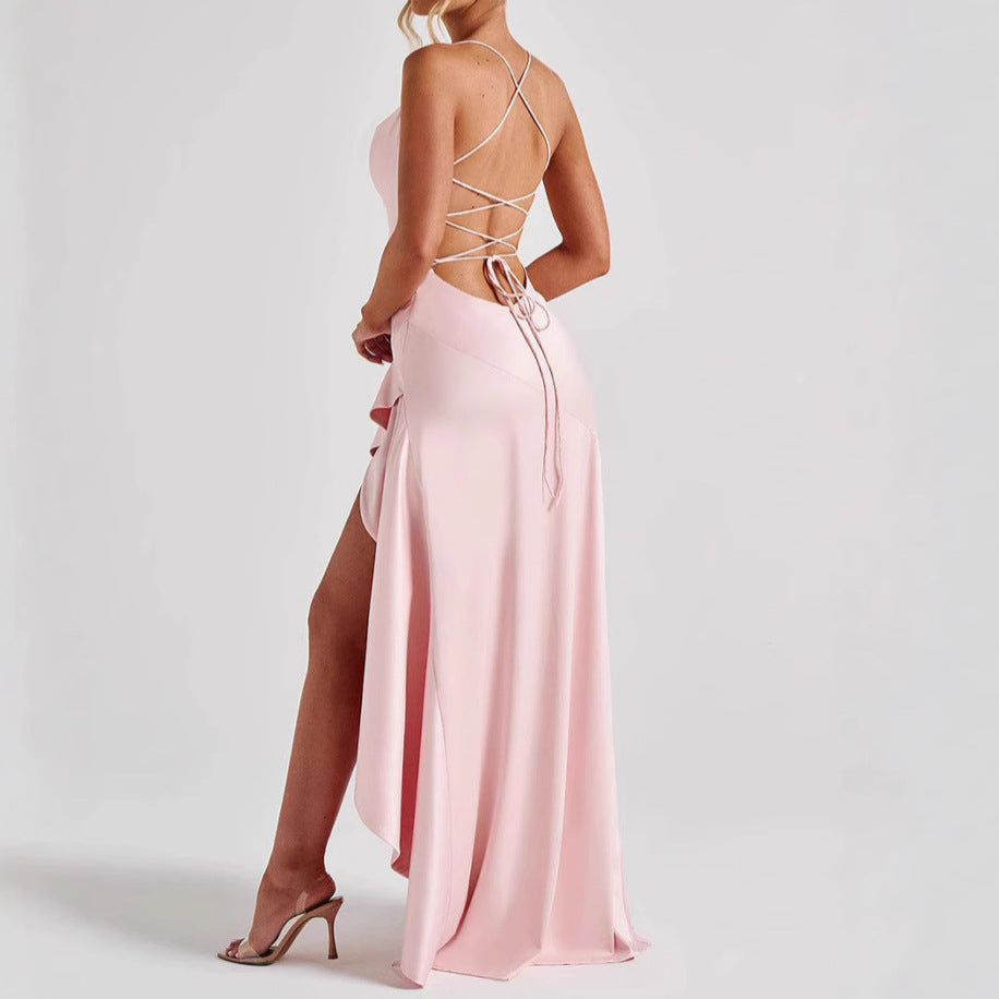 Women'S Backless Ruffles Irregular Dress Summer Fashion Evening Party Club Split Suspender Maxi Dresses Clothing