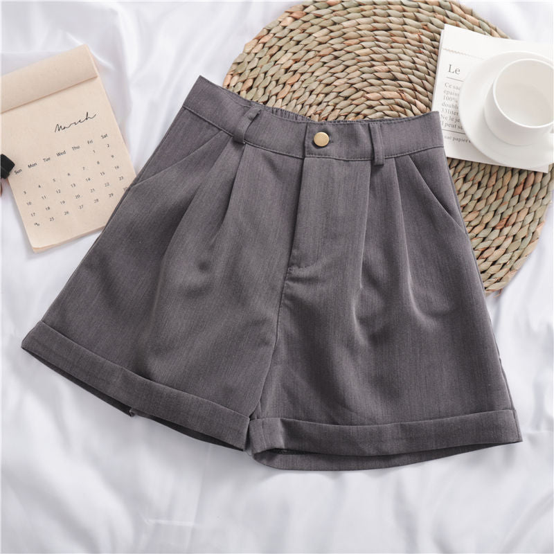 Solid Color All-Match Roll-Up Wide-Leg Casual Shorts