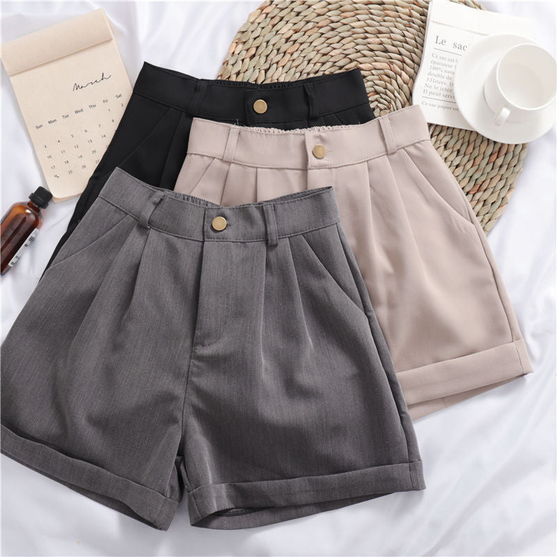 Solid Color All-Match Roll-Up Wide-Leg Casual Shorts