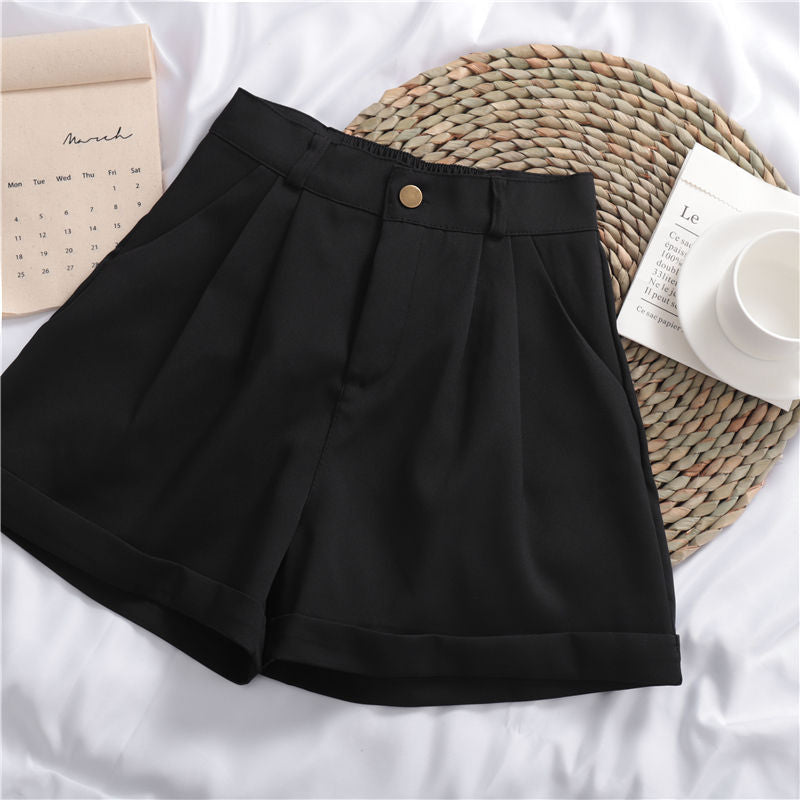Solid Color All-Match Roll-Up Wide-Leg Casual Shorts