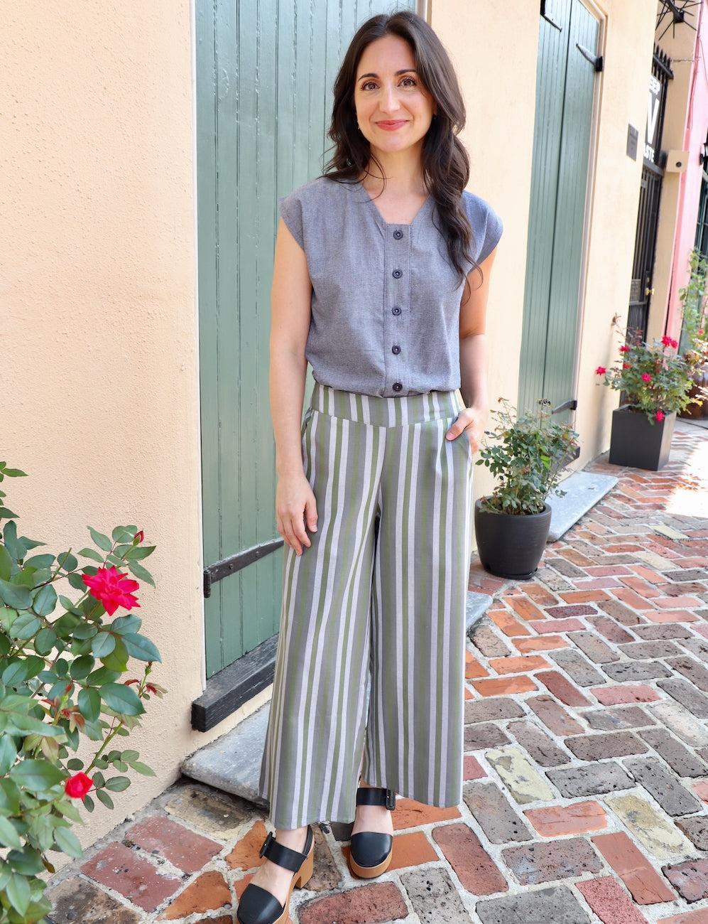 Earth Toned Striped Organic Cotton Wide Leg Pants