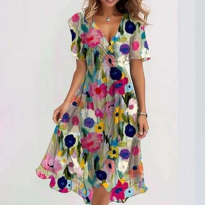 Chiffon Printed Short Sleeve Dress Summer Elegant V-Neck Dresses Womens Clothing